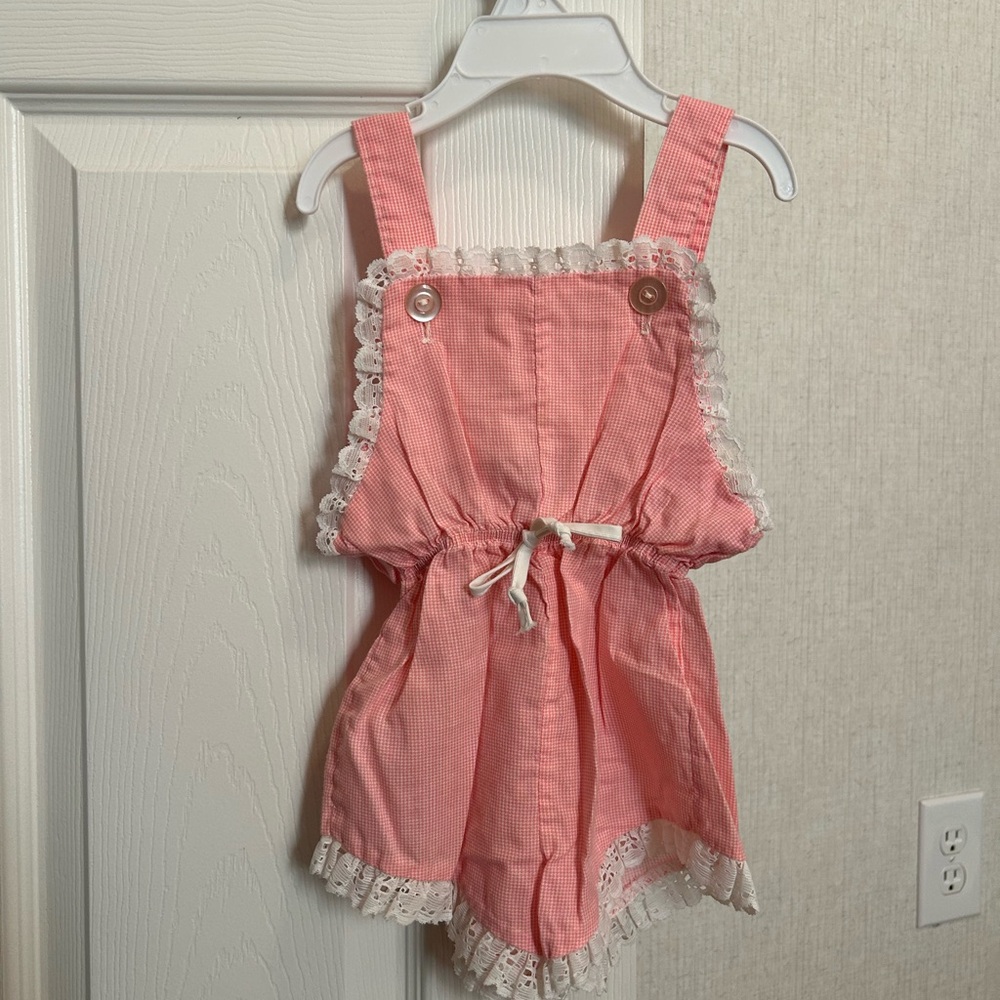 Vintage Pink Lace-Trimmed Kids Overalls